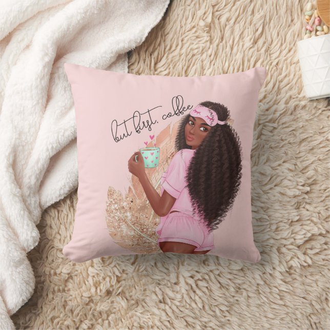 Coffee Faux Glitter Girl Hair Rose Pink    Throw Pillow (Blanket)