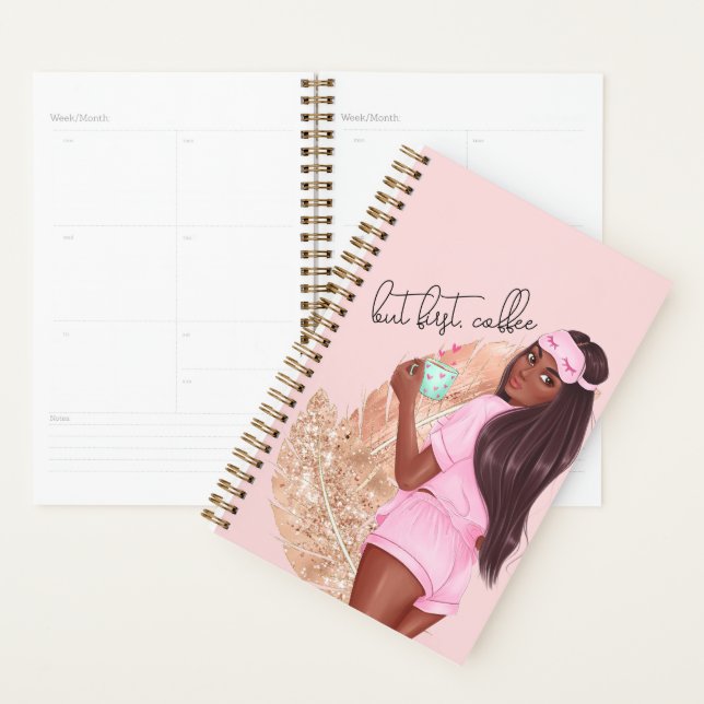 Coffee Faux Glitter Girl Red Hair Brown Pink  Planner (Display)
