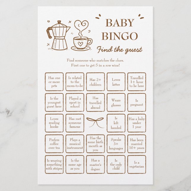 Coffee Find the Guest Baby Bingo Game (Front)