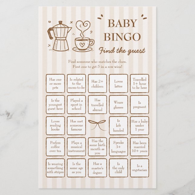 Coffee Find the Guest Baby Bingo Game (Front)