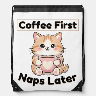 Coffee First Naps Later Cute Cat | Kawaii Coffee  Drawstring Bag