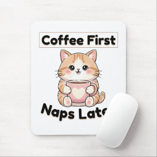 Coffee First Naps Later Cute Cat   Kawaii Coffee  Mouse Pad