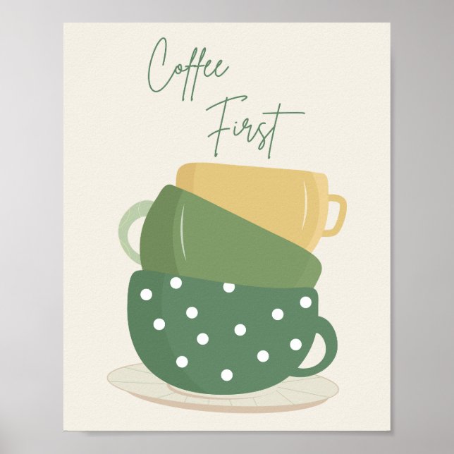 Coffee First Retro Boho Mugs Wall Art Print (Front)