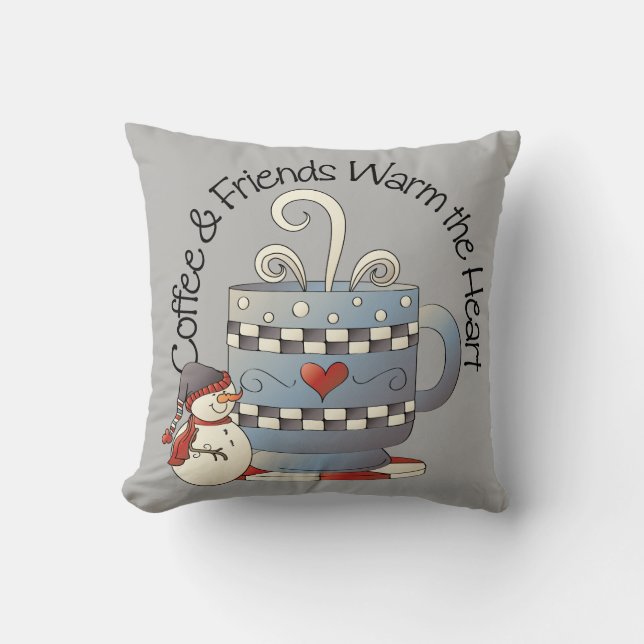 Coffee & Friends Warm the Heart Snowman Winter  Throw Pillow (Front)