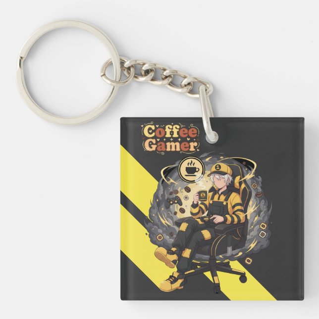 Coffee Gamer Anime Boy Yellow Aesthetic Art Keychain (Front)