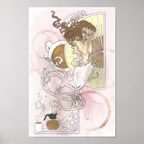 Coffee Genie Fantasy Art Nouveau pink brown Poster