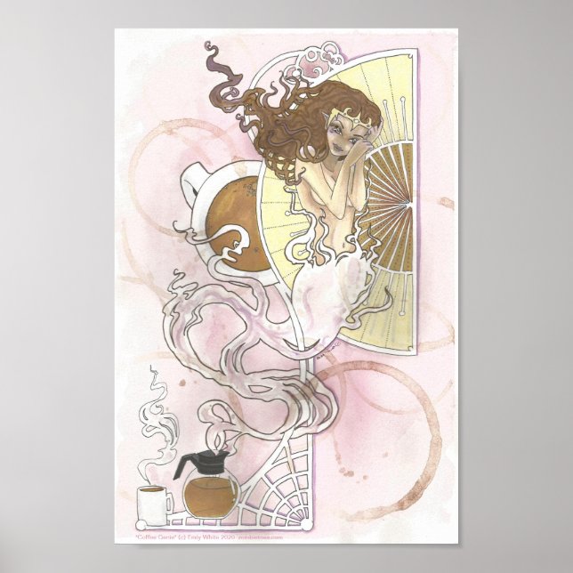 Coffee Genie Fantasy Art Nouveau pink brown Poster (Front)