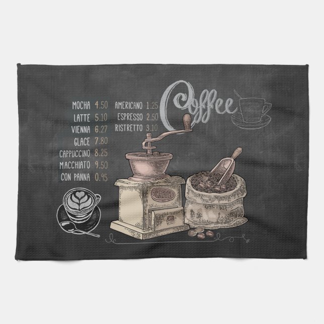 Coffee Grinder: Chalkboard Coffee Art Kitchen Towel (Horizontal)