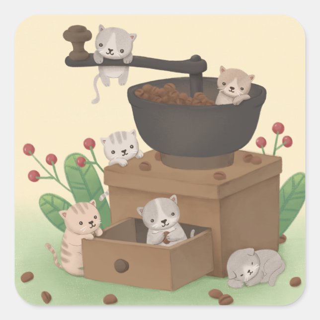 Coffee Grinder & Kittens Illustration Art Square Sticker (Front)