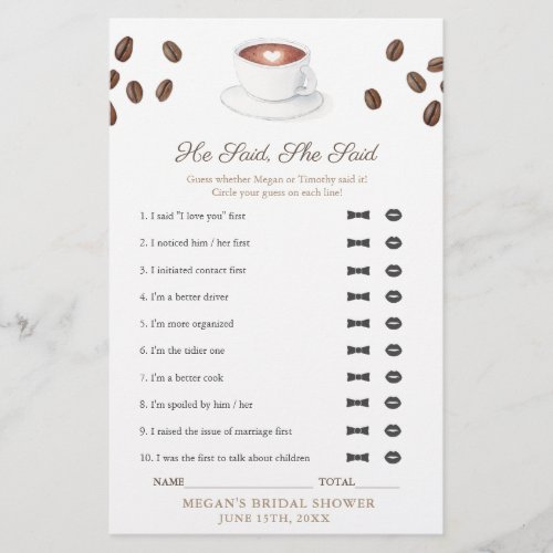 Coffee He Said She Said Bridal Shower Game Card