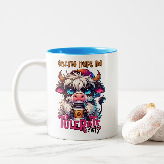 Coffee Helps Me Tolerate Idiots  Two-Tone Coffee Mug (With Donut)