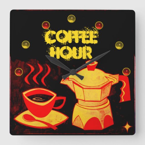 COFFEE HOUR Red Yellow Coffee cup and coffeepot Square Wall Clock