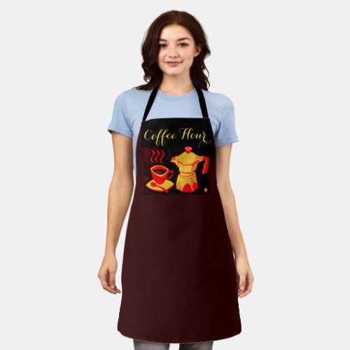 COFFEE HOUR Red Yellow Coffee Cup Coffeepot Brown Apron