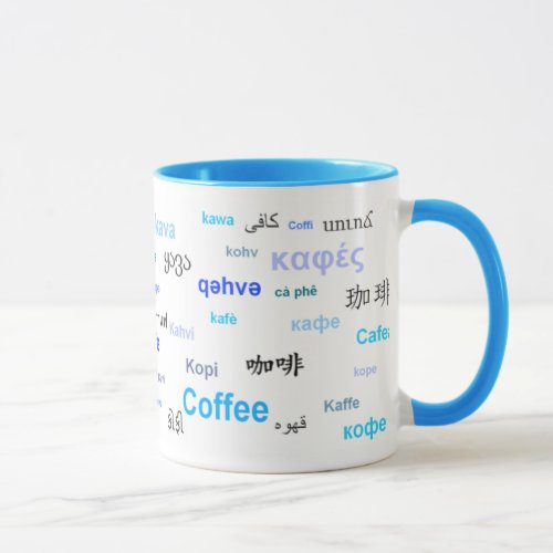 Coffee in different languages Blue Mug