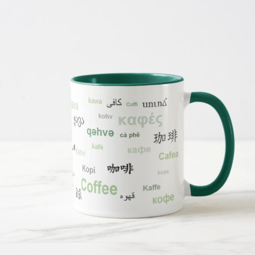 Coffee in different languages green mug