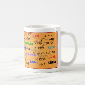 Coffee, in many languages, with map background coffee mug