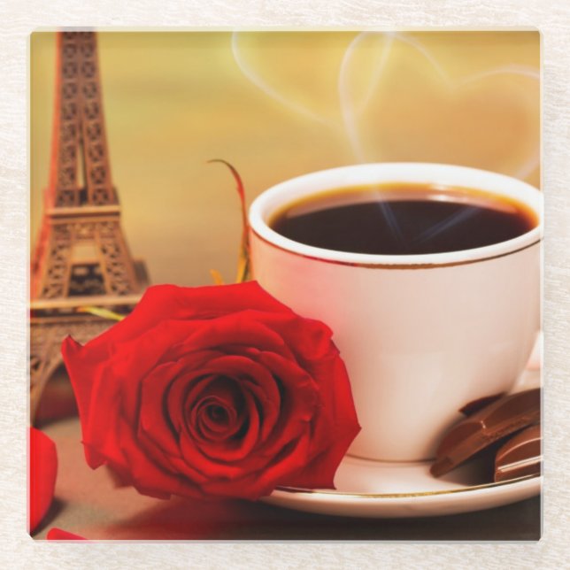 Coffee in Paris with Red Rose Glass Coaster (Front)