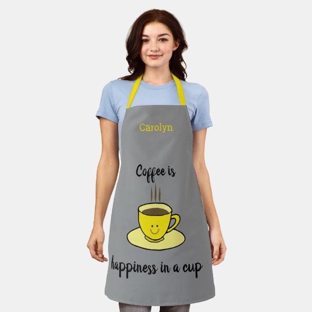 Coffee is happiness in a cup, yellow, personalized apron (Worn)