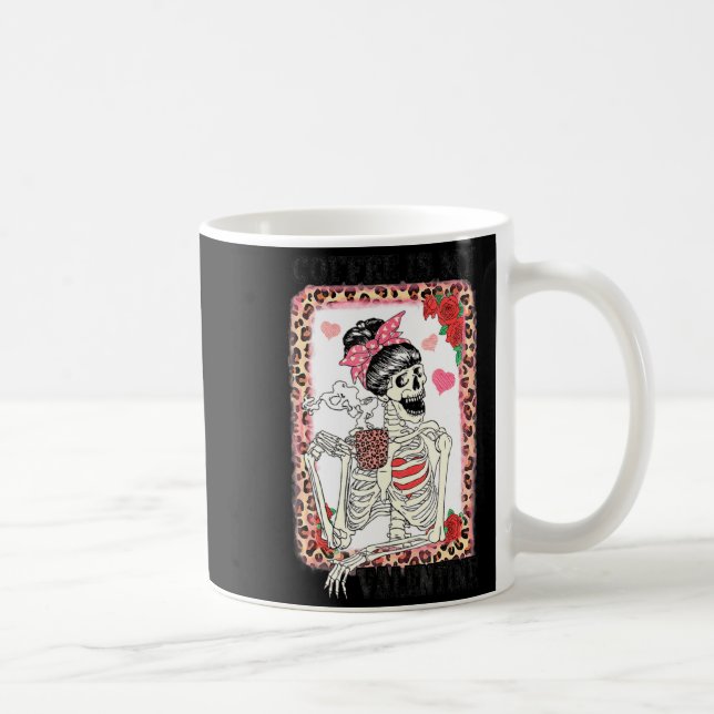 Coffee Is My Valentine Skeleton Messy Leopard Bun  Coffee Mug (Right)