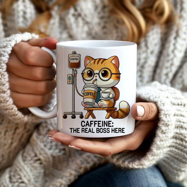 Coffee IV Drip Caffeine Real Boss Funny  Mug (Funny Caffeine Drip "Caffeine: The Real Boss Here." mug. Great gift for co-workers and friends)