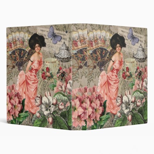 Coffee Lady Victorian Woman Pink Classy 3 Ring Binder