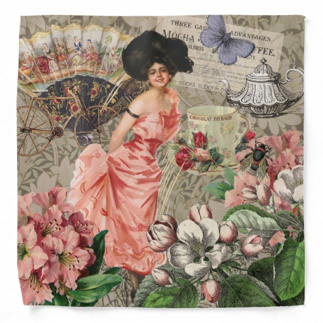 Coffee Lady Victorian Woman Pink Classy Bandana (Front)