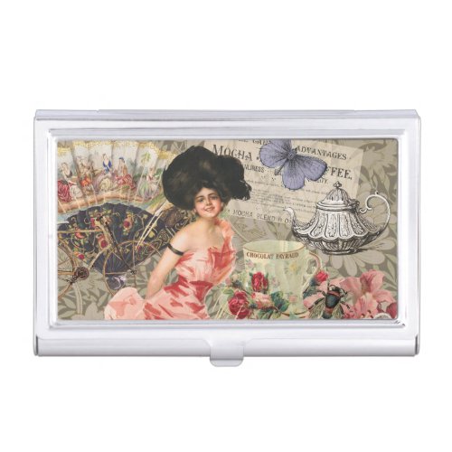 Coffee Lady Victorian Woman Pink Classy Business Card Case
