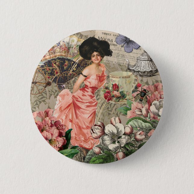 Coffee Lady Victorian Woman Pink Classy Button (Front)