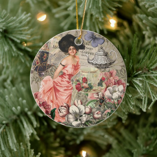 Coffee Lady Victorian Woman Pink Classy Ceramic Ornament (Tree)