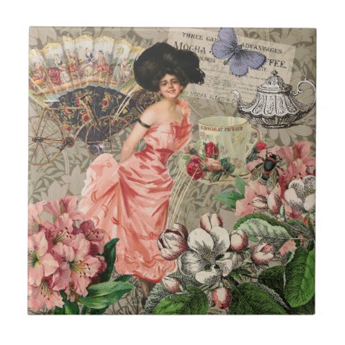 Coffee Lady Victorian Woman Pink Classy Ceramic Tile