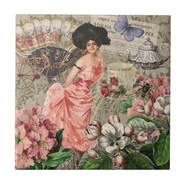 Coffee Lady Victorian Woman Pink Classy Ceramic Tile (Front)