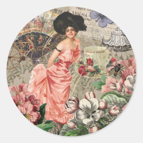 Coffee Lady Victorian Woman Pink Classy Classic Round Sticker