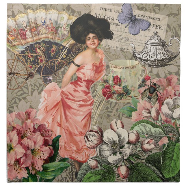 Coffee Lady Victorian Woman Pink Classy Cloth Napkin (Front)