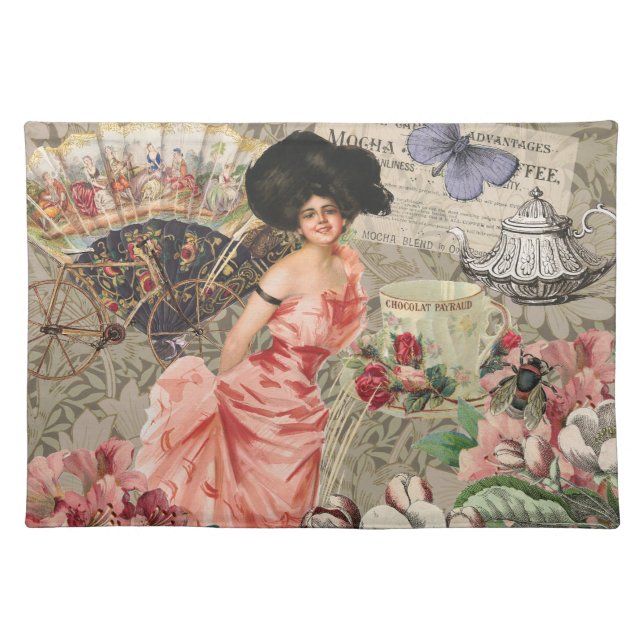 Coffee Lady Victorian Woman Pink Classy Cloth Placemat (Front)