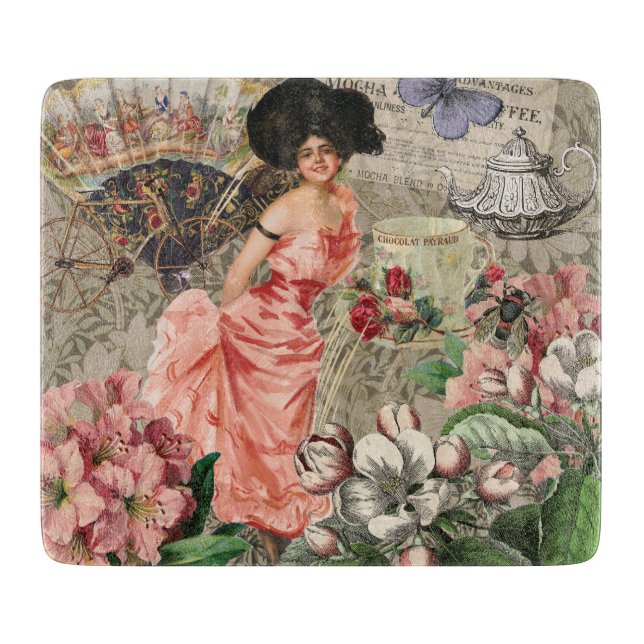 Coffee Lady Victorian Woman Pink Classy Cutting Board (Front)