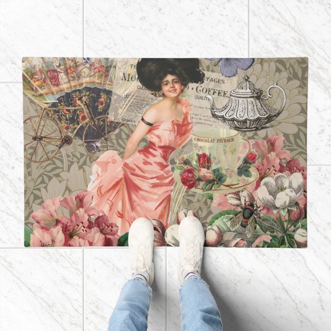 Coffee Lady Victorian Woman Pink Classy Doormat (Indoor)