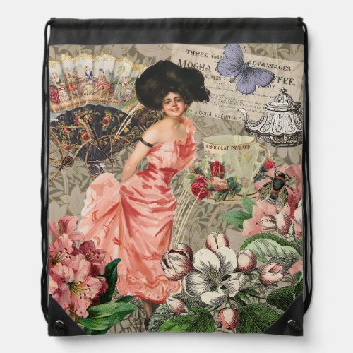 Coffee Lady Victorian Woman Pink Classy Drawstring Bag
