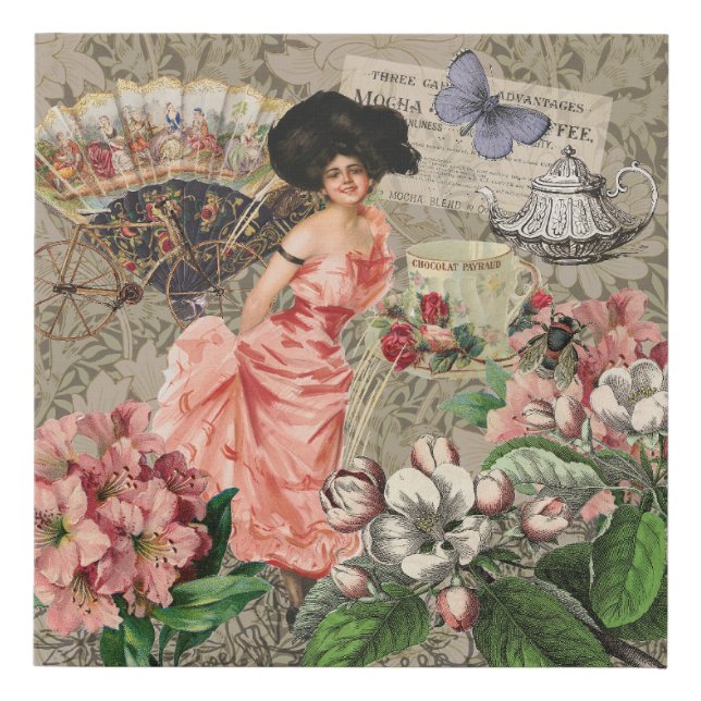 Coffee Lady Victorian Woman Pink Classy Faux Canvas Print (Front)