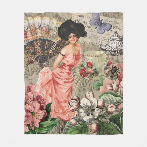 Coffee Lady Victorian Woman Pink Classy Fleece Blanket