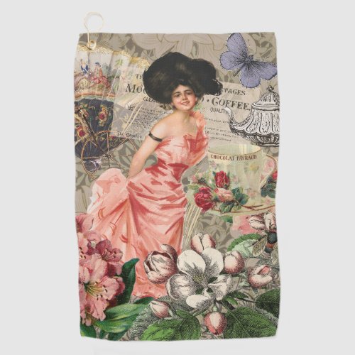 Coffee Lady Victorian Woman Pink Classy Golf Towel