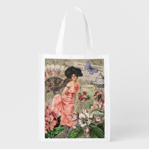 Coffee Lady Victorian Woman Pink Classy Grocery Bag