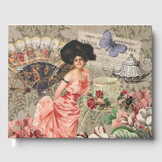 Coffee Lady Victorian Woman Pink Classy Guest Book (Front)