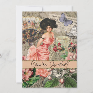 Coffee Lady Victorian Woman Pink Classy Invitation
