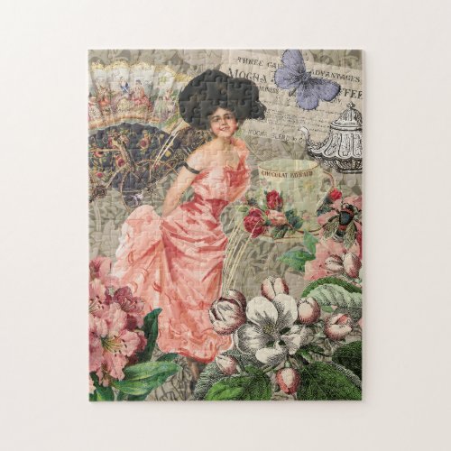 Coffee Lady Victorian Woman Pink Classy Jigsaw Puzzle