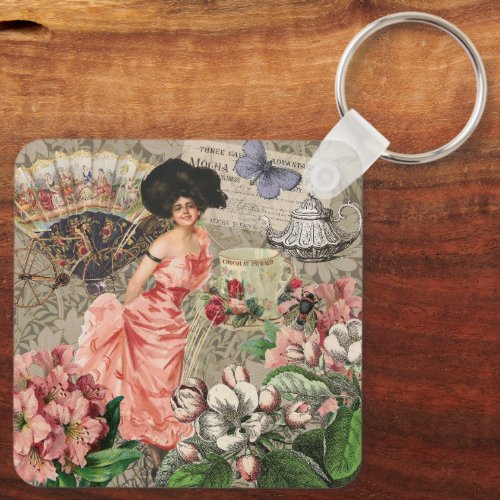 Coffee Lady Victorian Woman Pink Classy Keychain