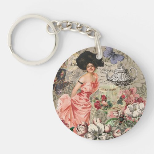 Coffee Lady Victorian Woman Pink Classy Keychain