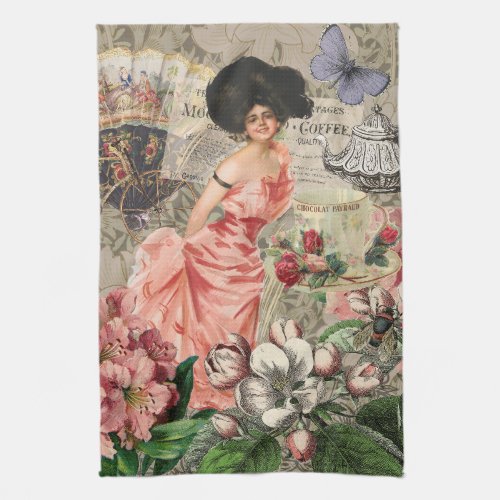 Coffee Lady Victorian Woman Pink Classy Kitchen Towel