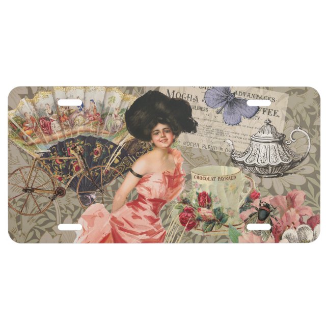Coffee Lady Victorian Woman Pink Classy License Plate (Front)