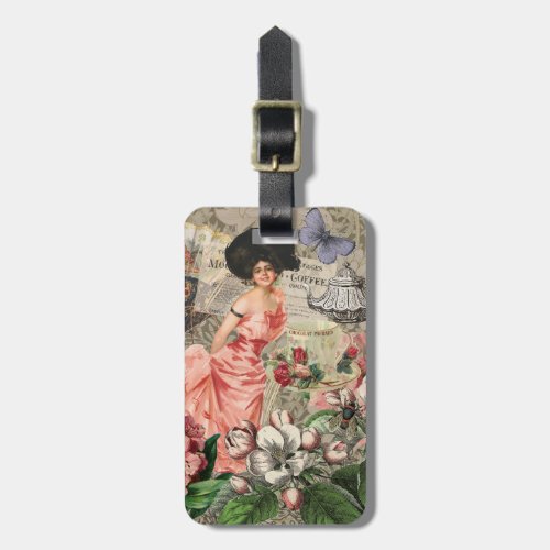 Coffee Lady Victorian Woman Pink Classy Luggage Tag