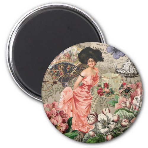 Coffee Lady Victorian Woman Pink Classy Magnet